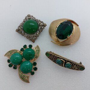 Bundle Of 4 Vintage Brooch / Pins Green Stones Silver & Gold Tone
